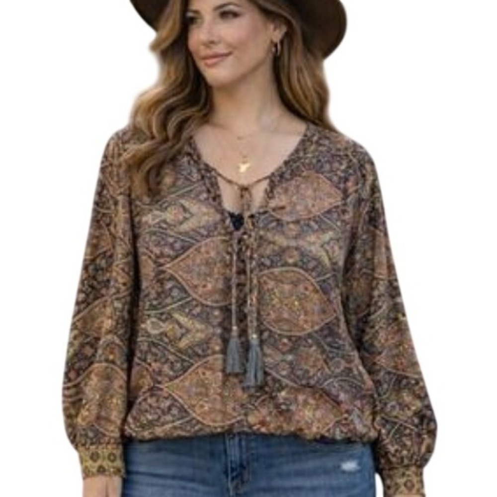 Boemo Anthropologie Paisley Surplice Wrap Blouse Sz L Multi Tassel Tie Peasant